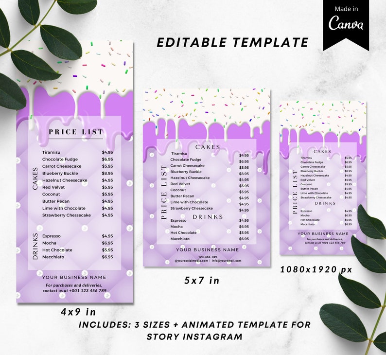 Bakery Price List, Editable Menu Template, Purple Cake Frosting Price