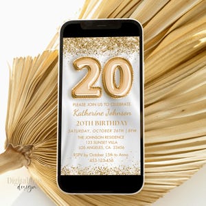 Convite digital para festa de 20 anos, tema glitter branco e dourado, convite para festa de 20 anos, festa toda branca, comemoração de 20 anos