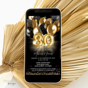 Convite para festa de aniversário de 80 anos em espanhol, tema de balões pretos e dourados, convite para jantar eletrônico editável, 80 años Invitación de Cumpleaños