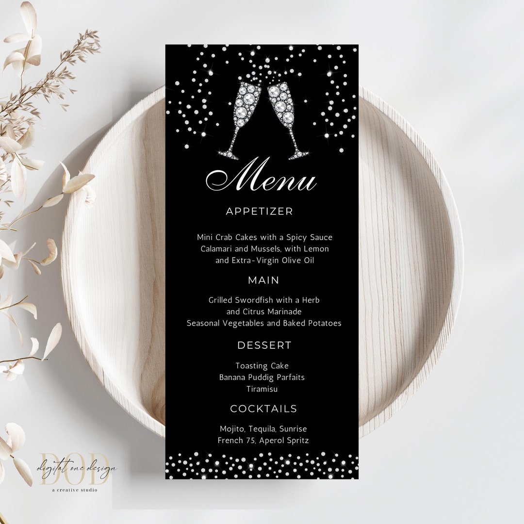Diamonds Cups Menu Cards Template, Black & Silver Theme Celebration ...