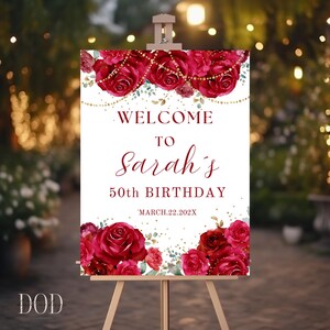 Elegant Red Roses Welcome Sign, Red and Gold Theme Party Decor, Red ...