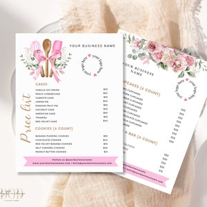 Modelo de lista de preços de padaria editável, guia de preços para impressão para negócios de bolos, amante de panificação, menu de sobremesas rosa, guia de preços para negócios de bolos