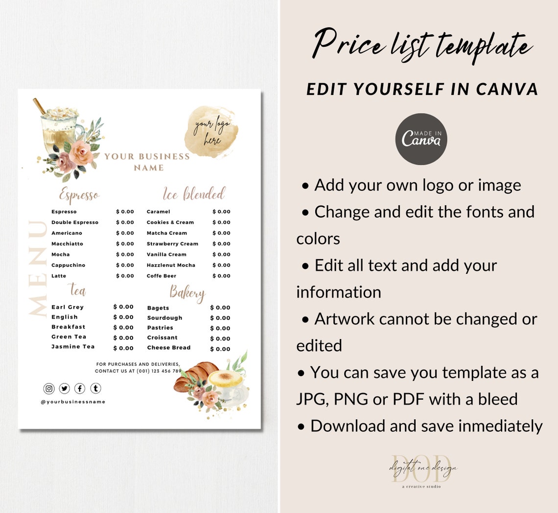 Coffee Shop Price List Template Coffee Menu Template Etsy