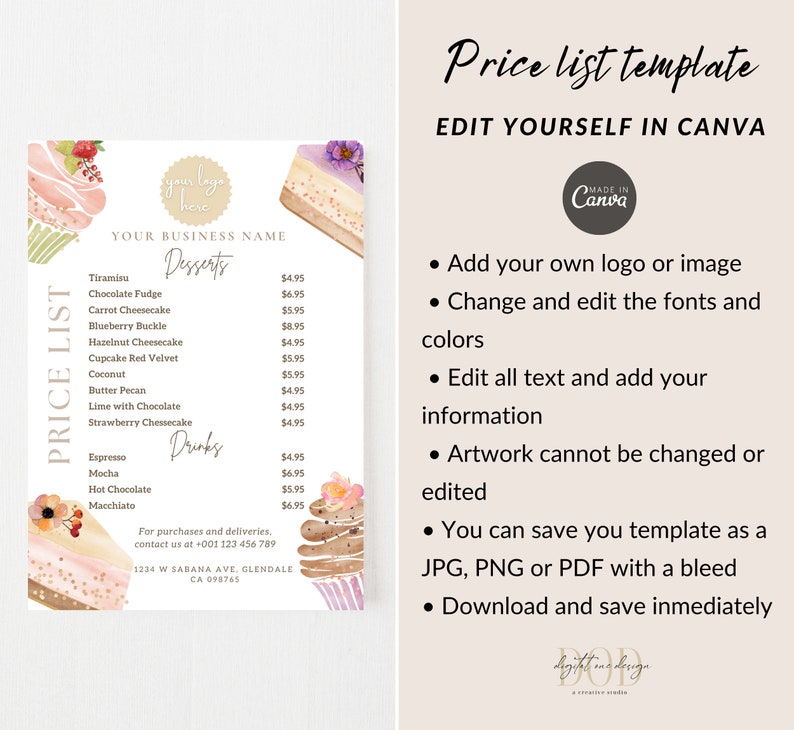Dessert Price List Template, Editable Menu Template, Bakery Price List