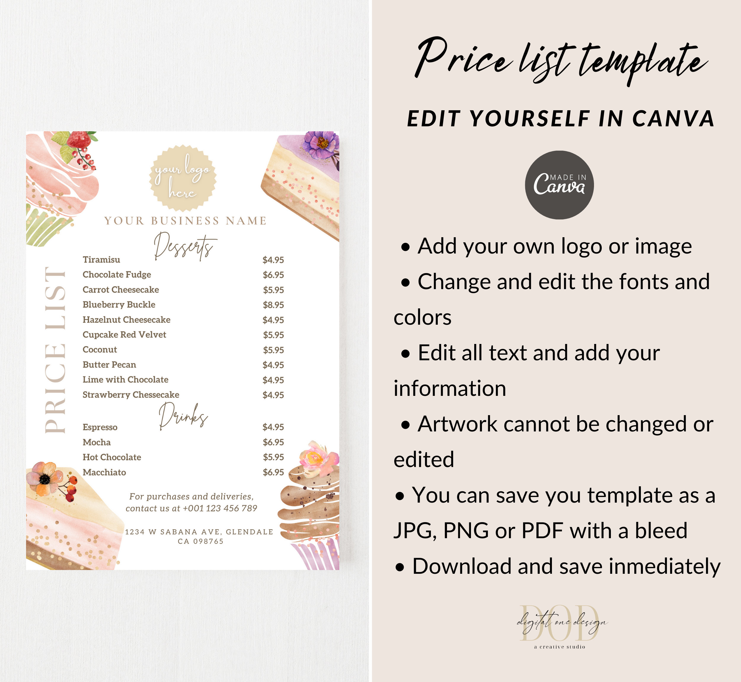 Dessert Price List Template Editable Menu Template Bakery Etsy UK