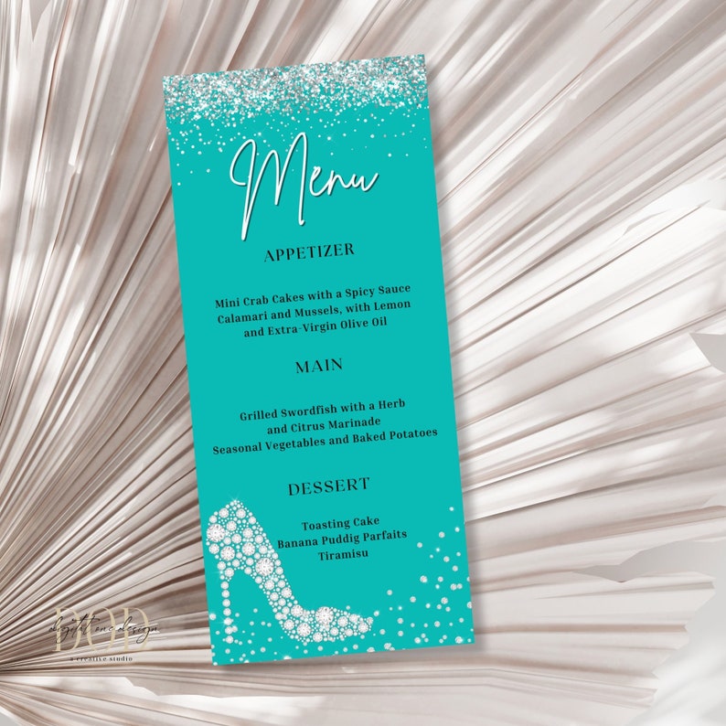 Diamonds Menu Card Template, Teal & Silver Glitter Diamonds High Heel ...