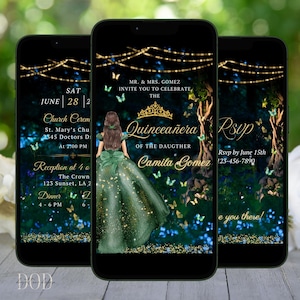 Invito video per la festa di Quinceanera "Foresta Incantata Magica", invito per la festa di Quinceanera con abito da principessa con dettagli verdi e oro, invito per il 15° compleanno