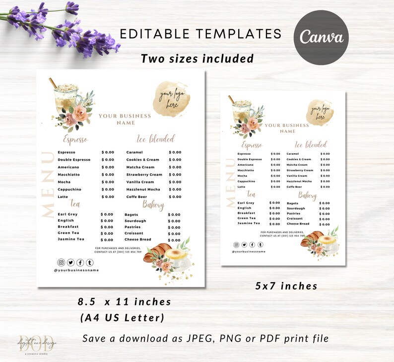 Coffee Shop Price List Template, Coffee Menu Template, Editable Menu