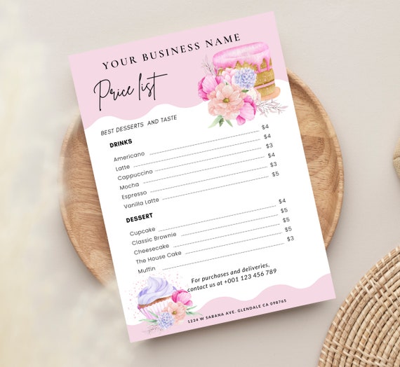 Bakery Price List Template Cupcake Price List Dessert Menu Etsy