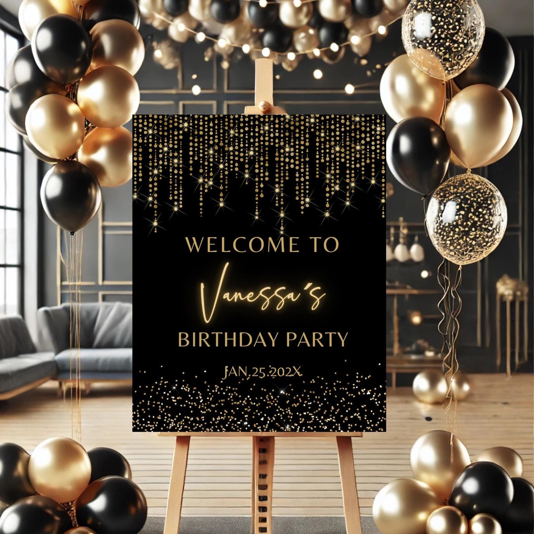 Editable Black Gold Welcome Sign, Gold Light String, Birthday Party ...