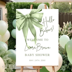 Entzückendes Baby Shower Willkommensschild für Zwillinge, Salbeigrünes Schleifenposter, Babyparty Willkommensschild für Zwillinge, Gender Neutral Decor
