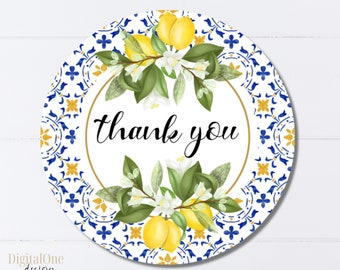 Lemon Thank you Tag Printable, Round Favor stickers, INSTANT DOWNLOAD, Lemon Theme, Blue Tile, Lemon Favors Tag, Citrus Gift Tag Printable