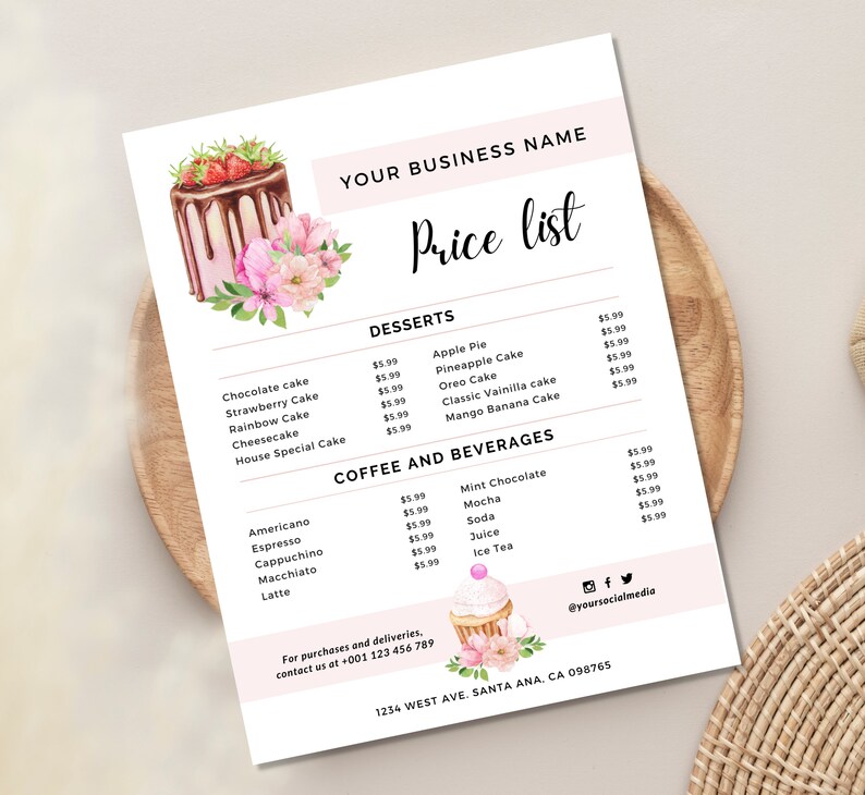 Bakery Price List Template, Menu Template Editable, Coffee Shop, Baking