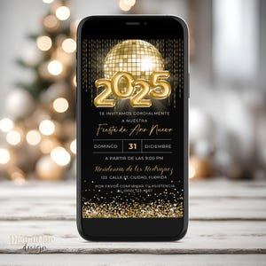 Uitnodiging Spaans nieuwjaarsfeest 2025, 2025 feestuitnodiging discobal, Invitacion de Fiesta de Fin de Año, 2025 oudejaarsfeestje