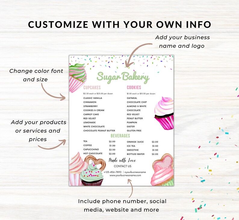 Bakery Price List Template, Cupcake Cookies Bakery Menu Sheet, Dessert