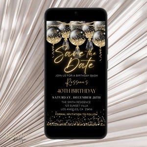 Digital Save The Date Birthday Invitation, Glittery Black & Gold Balloons, Any Age Celebration Perfect Birthday Party Evite Instant Download