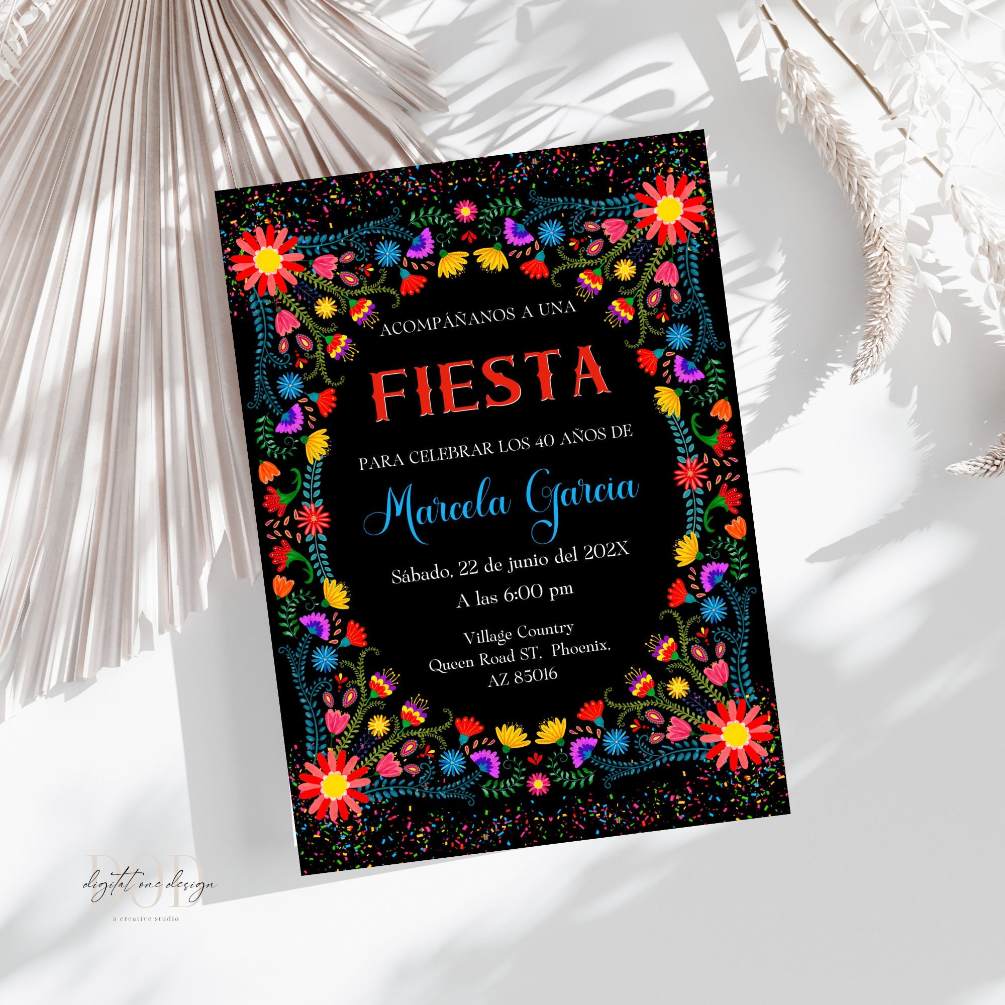 Spanische Fiesta-Geburtstagseinladung, mexikanisches Blumen- und Konfettithema, mexikanische Fiesta einladen, bearbeitbar und druckbar, mexikanische Partyeinladung
