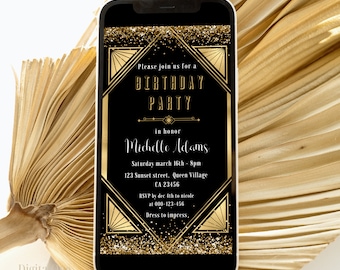 Art Deco Birthday Party Invitation, Gatsby Birthday Invitation Editable, Glitter Gold Roaring 1920s Party Invitation, Phone Invite, Any Age