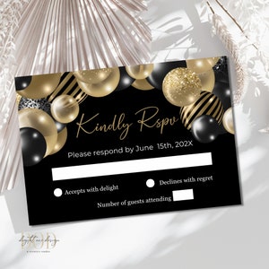 Zwart en goud ballonnen RSVP-kaarten, luxe antwoordkaarten voor Grad of verjaardagsfeestje, diner antwoord briefpapier, afstuderen RSVP-kaarten