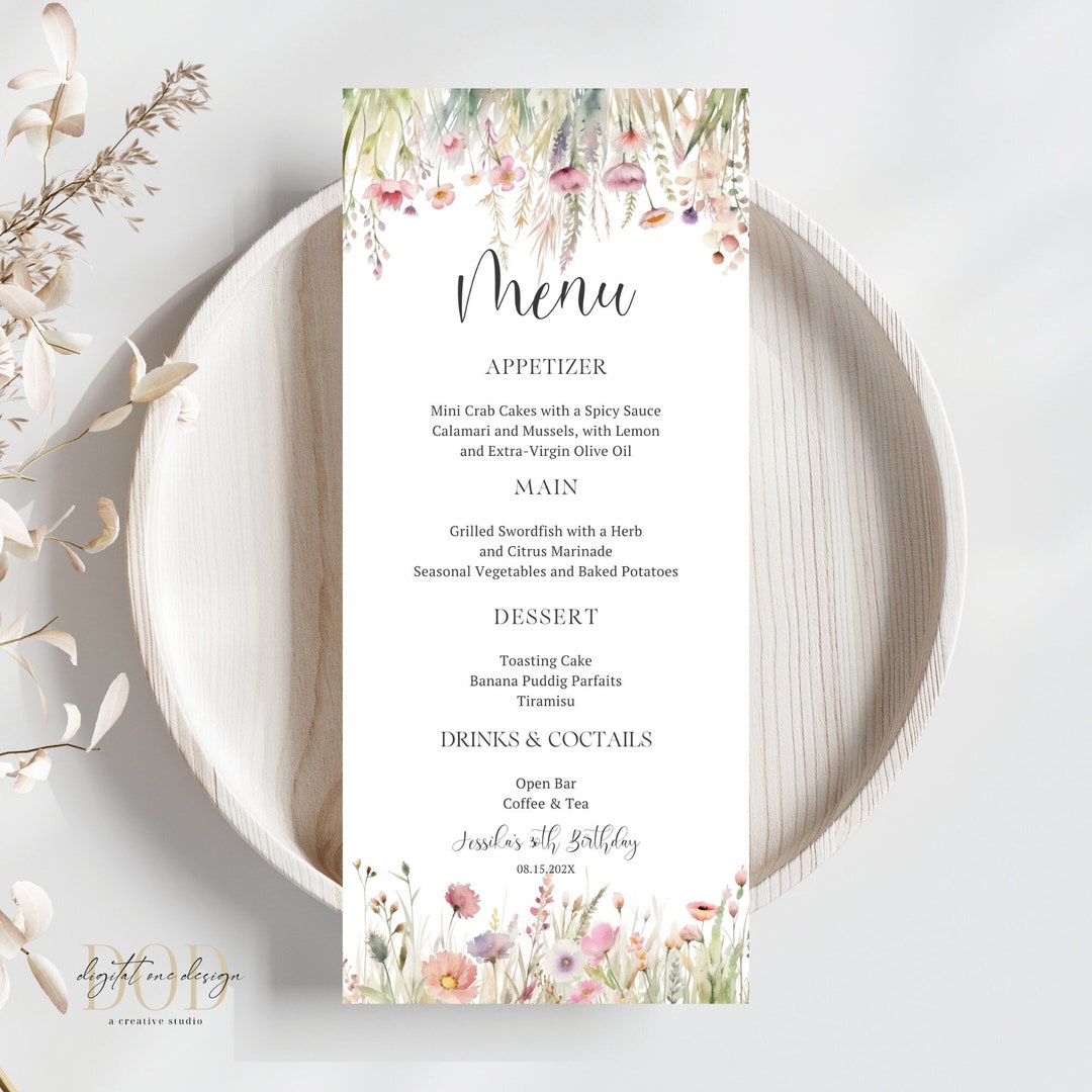 Wildflower Menu Card Template, Printable Birthday & Brunch Garden Party Wildflower Menu Card Template, Printable Birthday & Brunch Garden Party