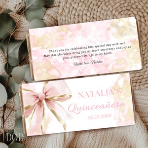 Quinceaño Schokoladenriegelverpackung, schickes rosa & goldenes Coquette Bow-Design, elegante Geburtstagsverpackung, Quinceamaßa Danke Candy Bar