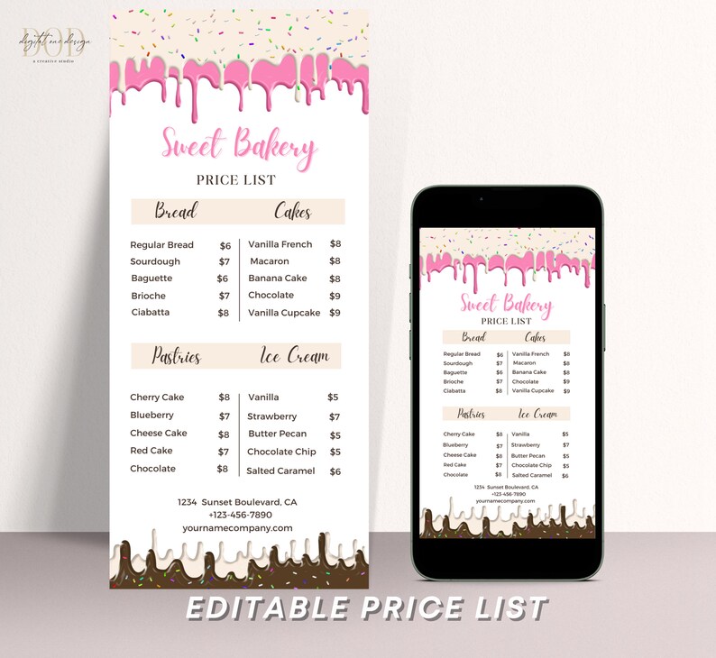 Editable Bakery Price List Template, Dessert Frosting, Sweet Menu