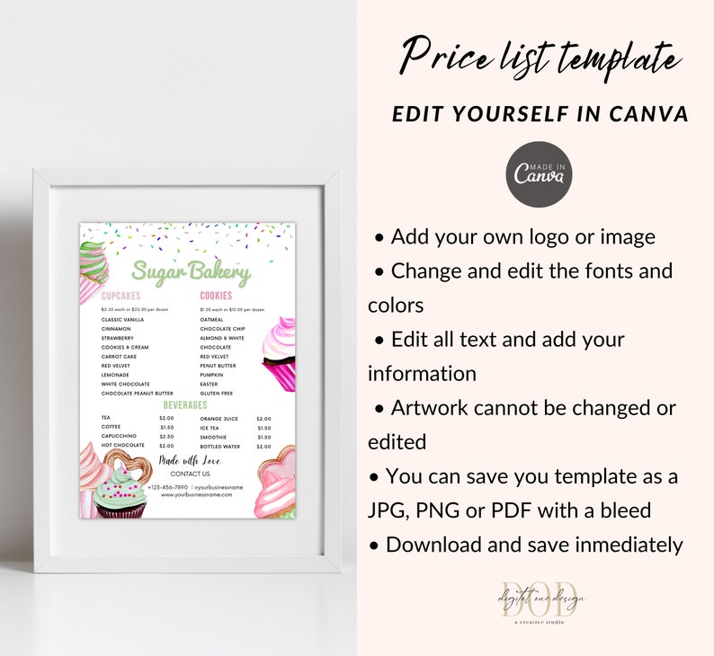 Bakery Price List Template, Cupcake Cookies Bakery Menu Sheet, Dessert