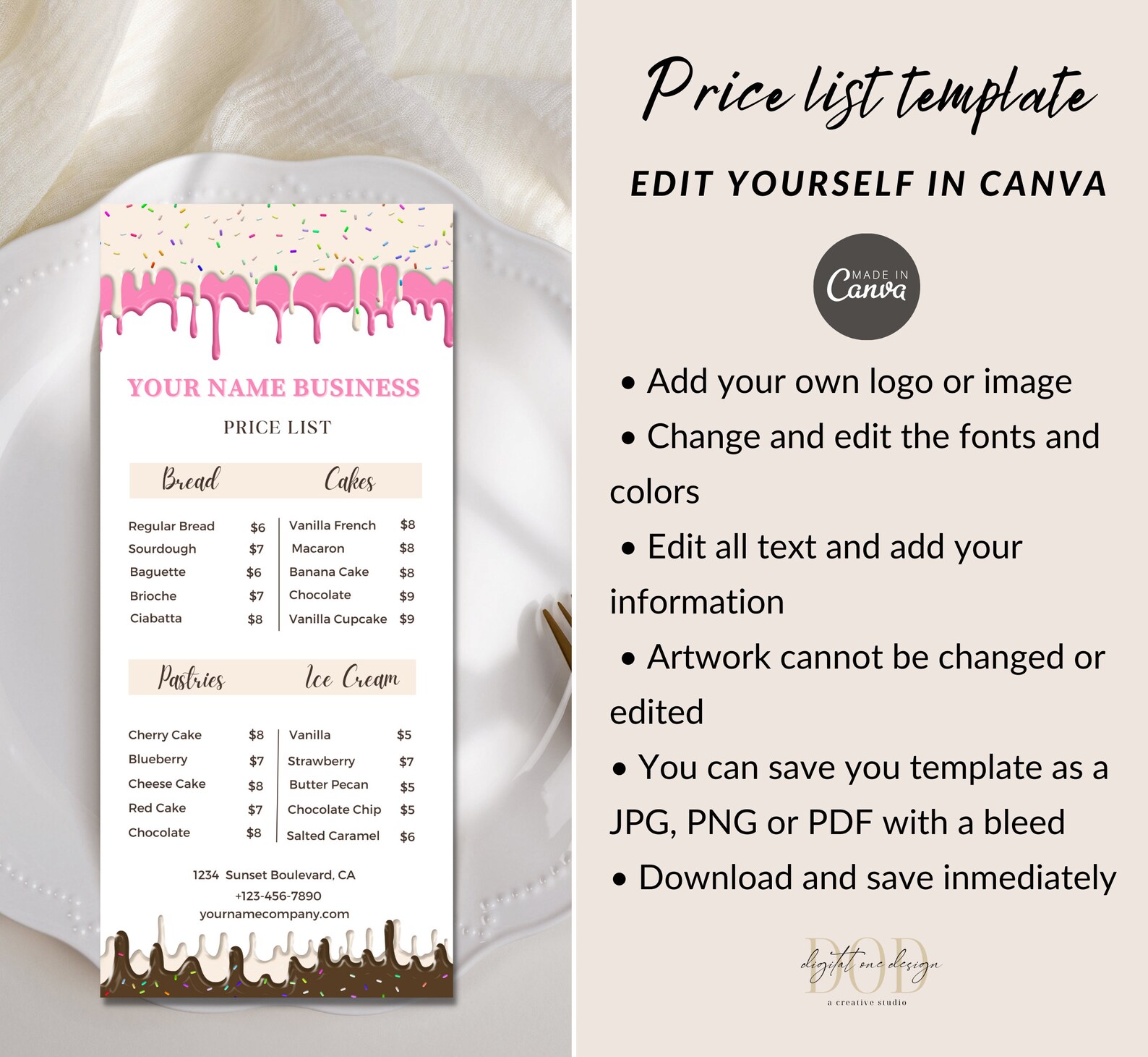 Editable Bakery Price List Template, Dessert Frosting, Sweet Menu
