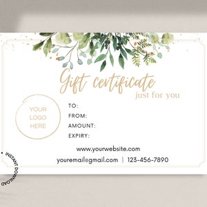 Modèle de chèque-cadeau aquarelle verdure, carte-cadeau imprimable, modèle modifiable, logo de bon-cadeau bricolage, carte-cadeau botanique