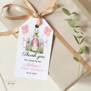 Bearbeitbare Peter Rabbit Babyparty Favor Tag, Rosa Garten Thema, Babyparty Zwillinge Mädchen, Peter Rabbit Dankeschön Tag, Instant Download