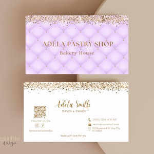 Biglietto da visita modificabile per panetteria con glitter viola e oro, biglietto da visita glamour per panetteria, design trapuntato e glitterato, biglietto da visita fai da te stampabile