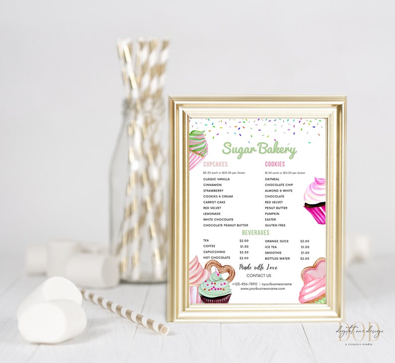 Bakery Price List Template, Cupcake Cookies Bakery Menu Sheet, Dessert
