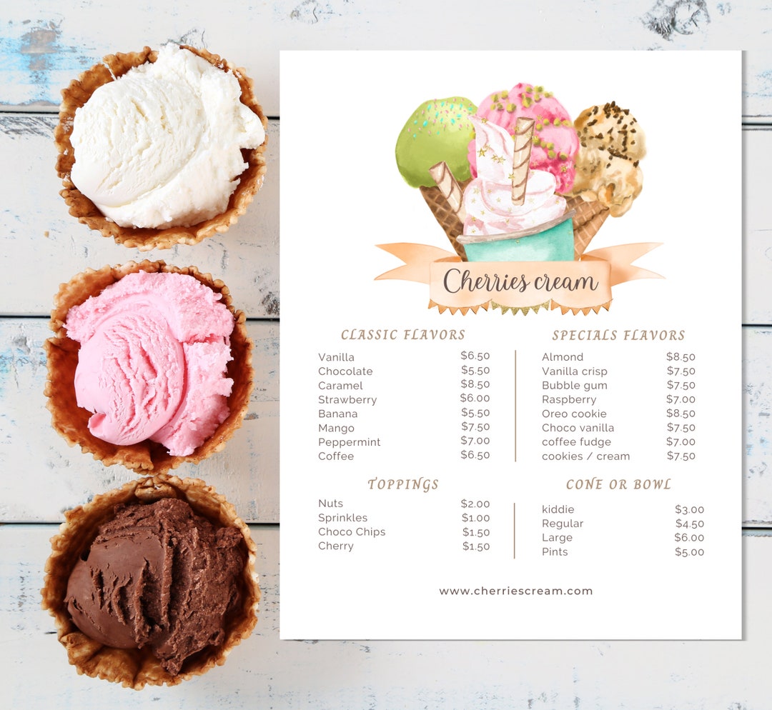 Ice Cream Price List Template, Ice Cream Menu Sign, Ice Cream