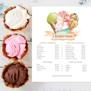 Eis Preisliste Vorlage, Eis Menü Schild, Eis Aquarell Kegel, Dessert Menü druckbar, Eis Bar Schild, bearbeitbares Menü