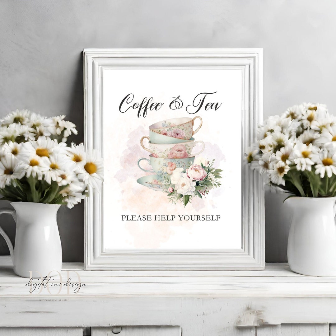 Charming Coffee &amp; Tea Printable Sign, Antique Style Tea Station Decor, Coffee Cups Sign ...