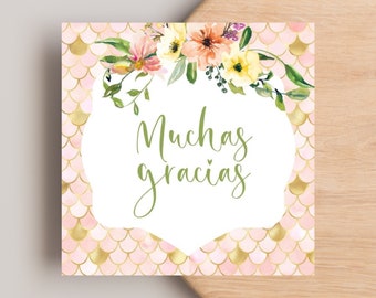 Spanish Thank you Tag, Muchas Gracias Tags, Printable Thank you, Instant Download, Square Thank you, Mermaid Pink Floral, Spanish Favor