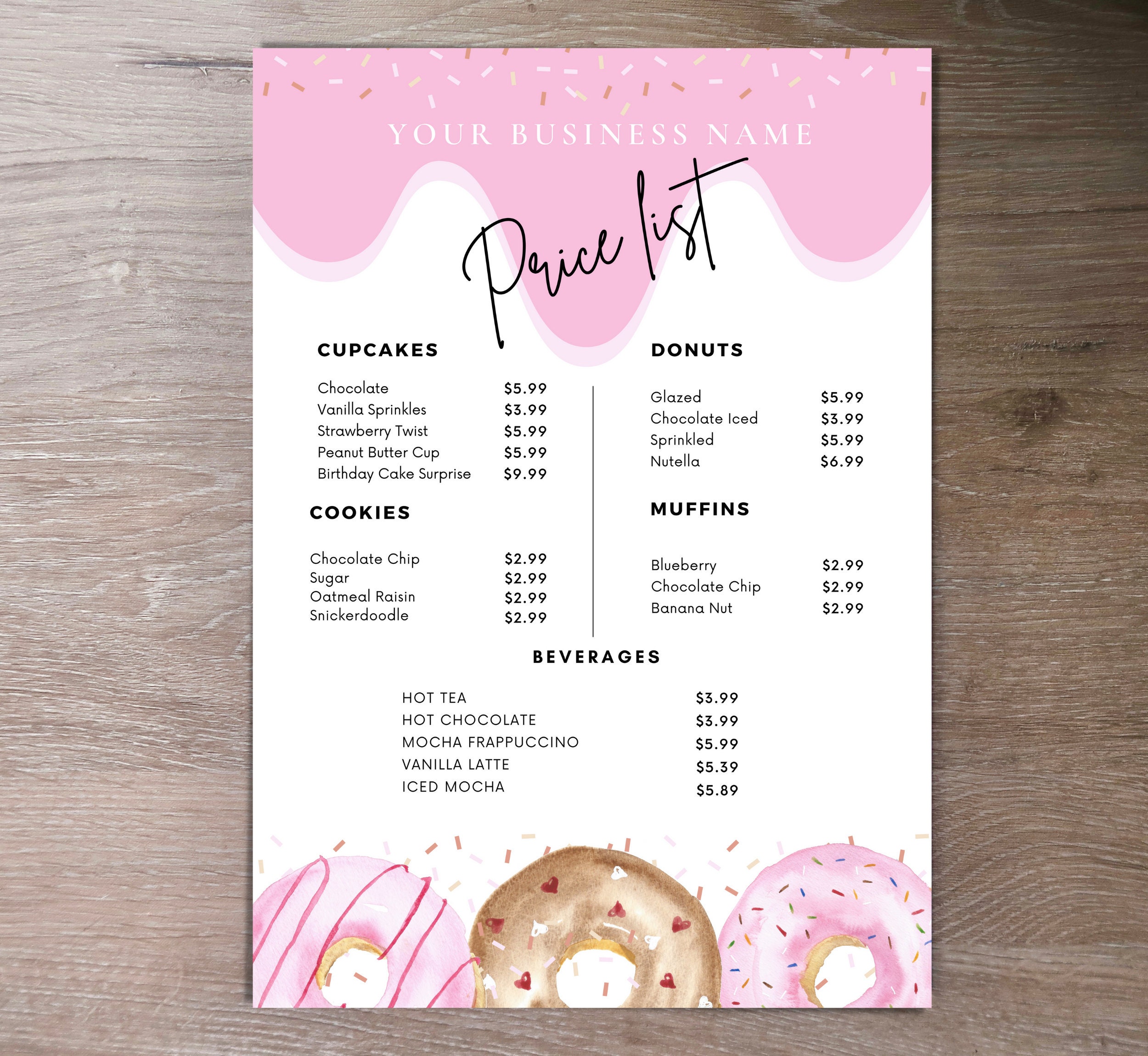 Price List Editable Template, Bakery Price List, Donuts Sweet Treats