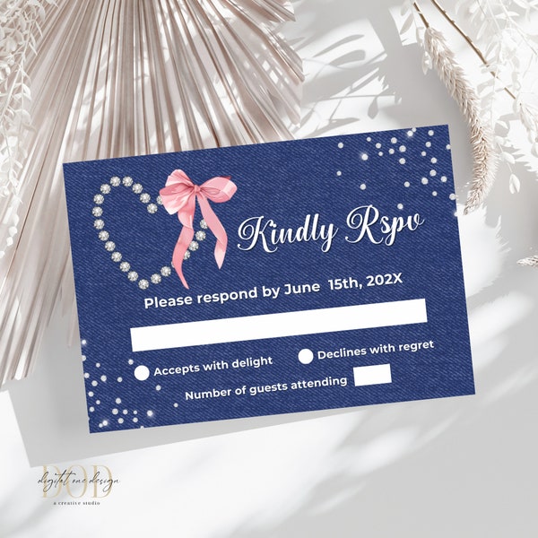 Editable RSVP Reply Card Template, Denim and Diamond Theme with Pink Bow, Perfect for Birthday Celebration Responses, Blue Jeans & Diamond