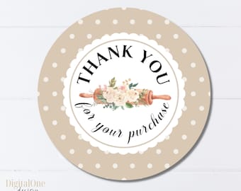 Thank You For your Purchase Printable Tag, Round Small Business Stickers, Bakery Thank you Tag, Floral Rolling Pin, INSTANT DOWNLOAD