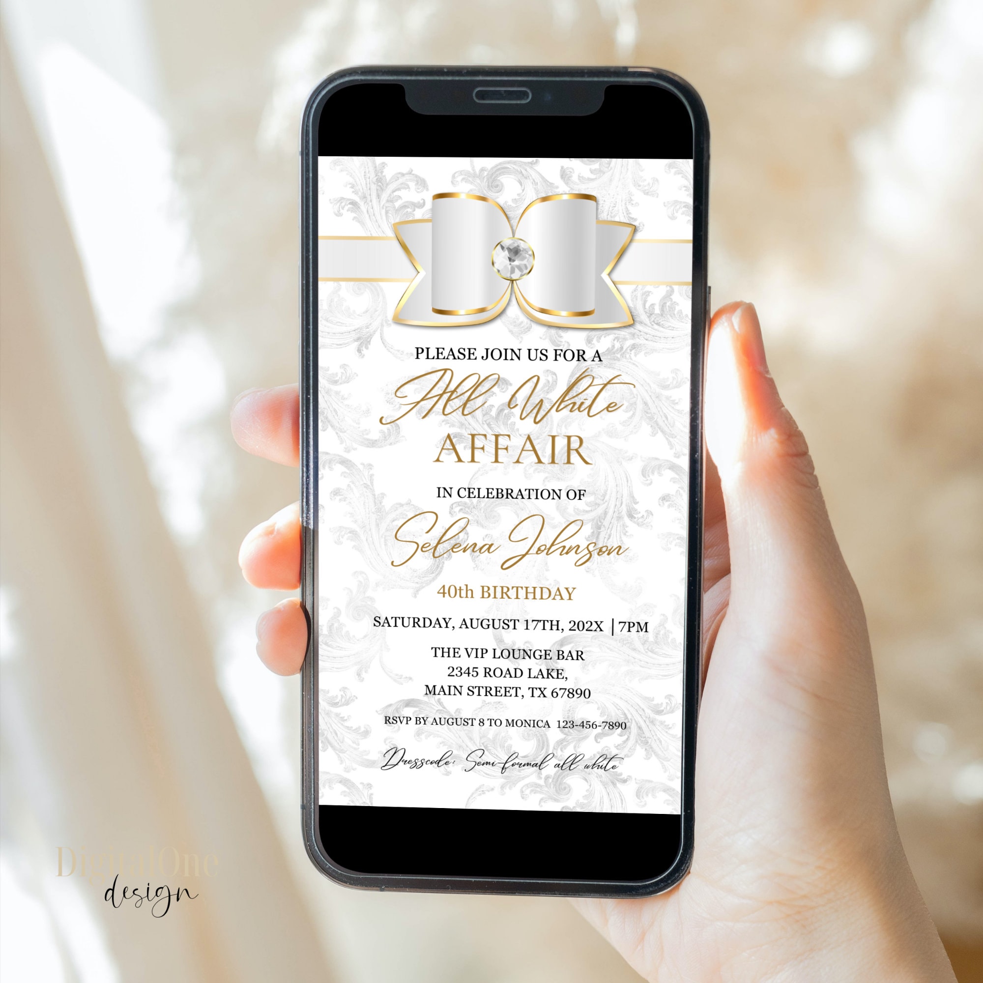 All White Affair Invitation Digital, White Gold Bow, All White Party ...