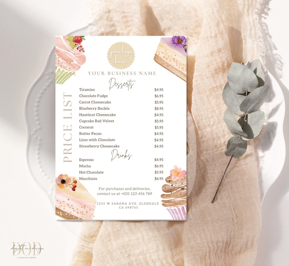Dessert Price List Template Editable Menu Template Bakery Etsy UK
