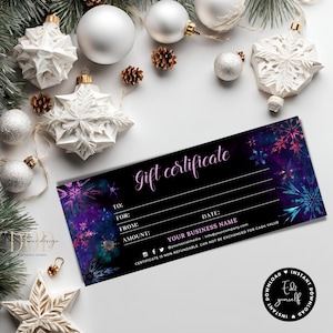 Modèle de chèque-cadeau flocon de neige, chèque-cadeau d'hiver, carte-cadeau de Noël, flocon de neige lumineux, bon-cadeau modifiable, téléchargement immédiat