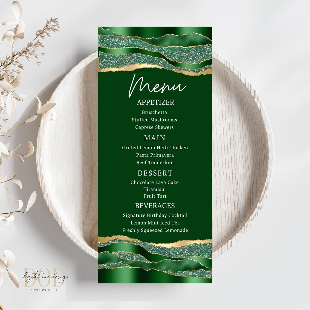 Green and Gold Menu Card Template, Editable Birthday Dinner Menu ...
