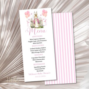 Bearbeitbare rosa Peter Rabbit-Häschen-Menükarte, Bunny-Frühlingsgarten-Menükarte, Peter Rabbit-Babypartydekortisch, Brunch-Babypartymenü