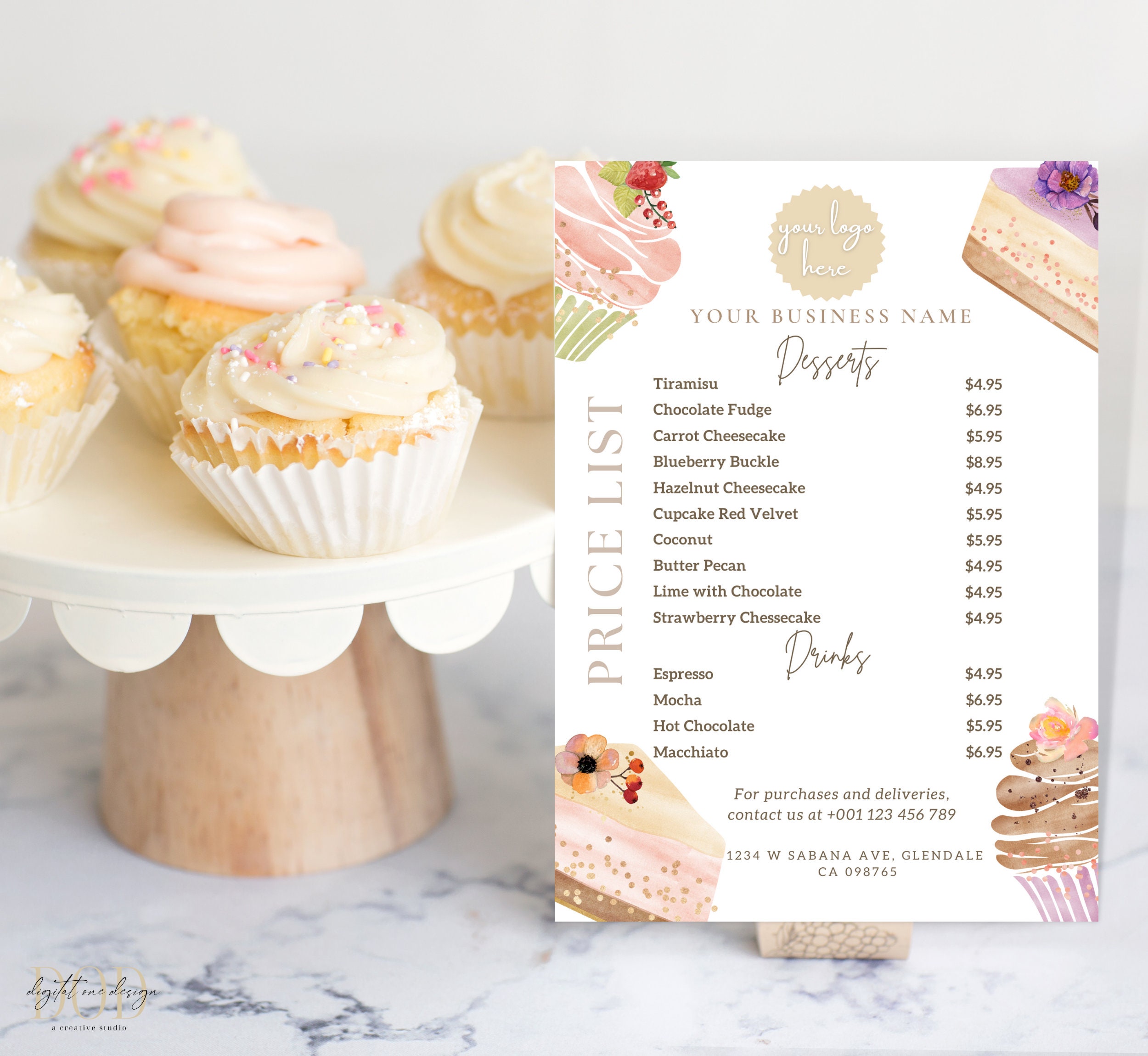 Dessert Price List Template, Editable Menu Template, Bakery Price List