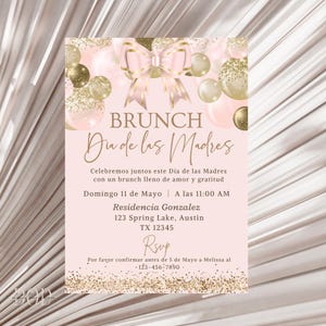 Bewerkbare Spaanse Moederdagbrunchuitnodiging, blush roze en gouden ballonnen, Invitacion Dia de las Madres, Blush Pink Mom Day-uitnodiging