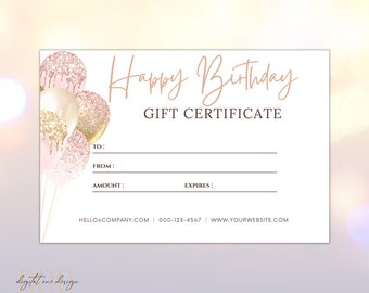 Gift Certificate Template, Editable Printable Happy Birthday Gift Certificate, Birthday Gift Voucher, Blush Gold Balloon Gift Certificate