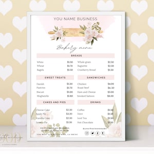 Modelo de lista de preços de padaria, menu de cafeteria para impressão, guia de preços de bolos, sobremesas, doces, modelo de menu editável, lista de preços de loja
