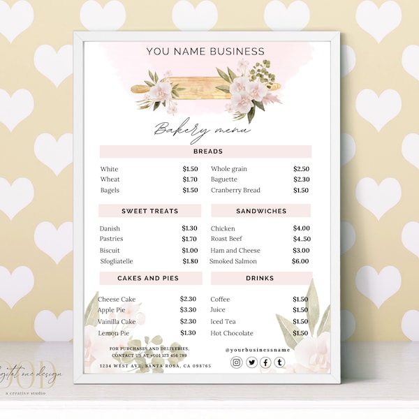 Bakery Price List Template, Coffee shop Menu Printable, Pastries Dessert Cakes Pricing Guide, Editable Menu template, Shop Price list