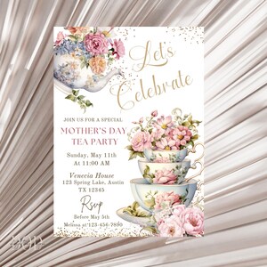 Invito per il tè della festa della mamma, invito per il brunch del tè pomeridiano con fiori rosa, invito per il brunch del tè pomeridiano vintage, invito Tea-rrific per la festa della mamma